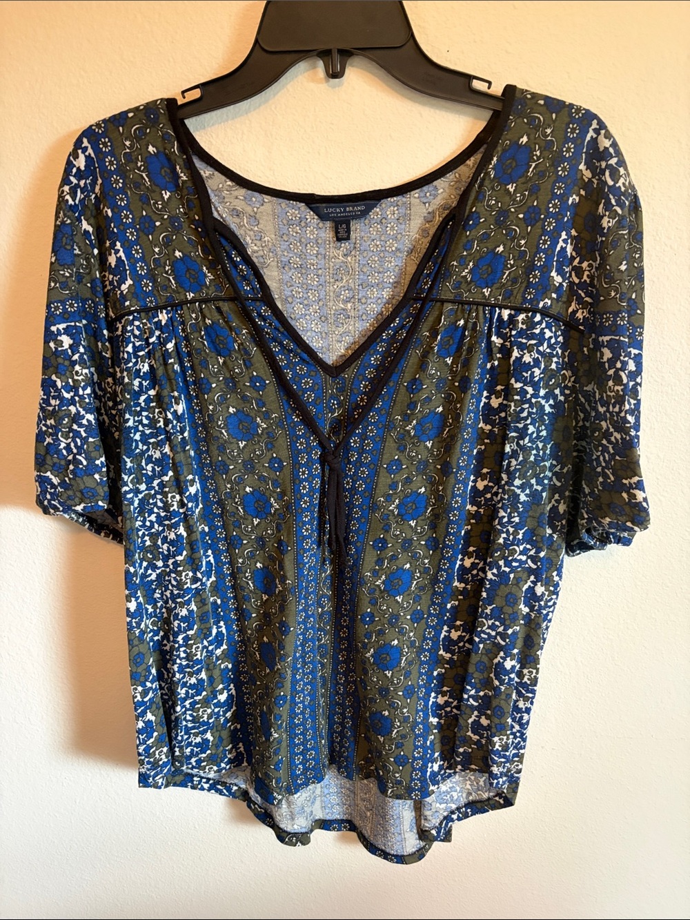 Lucky Brand Blue and Olive Floral V-Neck Blouse